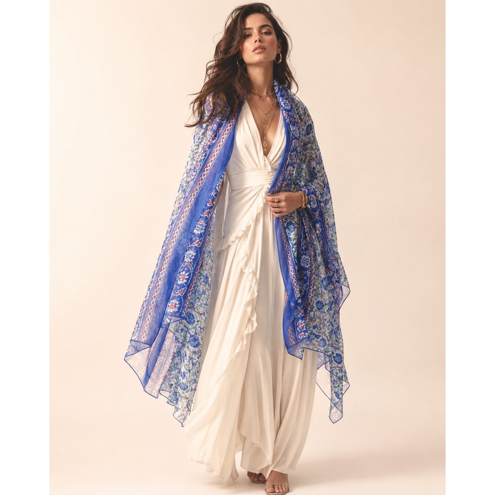 Blue Iznik Floral Paisley Oversized Chiffon Wrap Scarf Boho Resort Garden